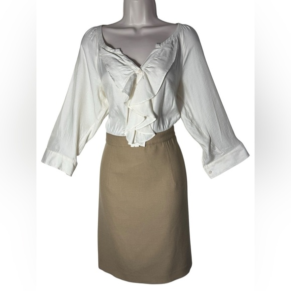 Ann Taylor Loft Women's Size 12 Cream Brown Khaki Ruffled Neutral Dress Slit - Picture 4 of 10